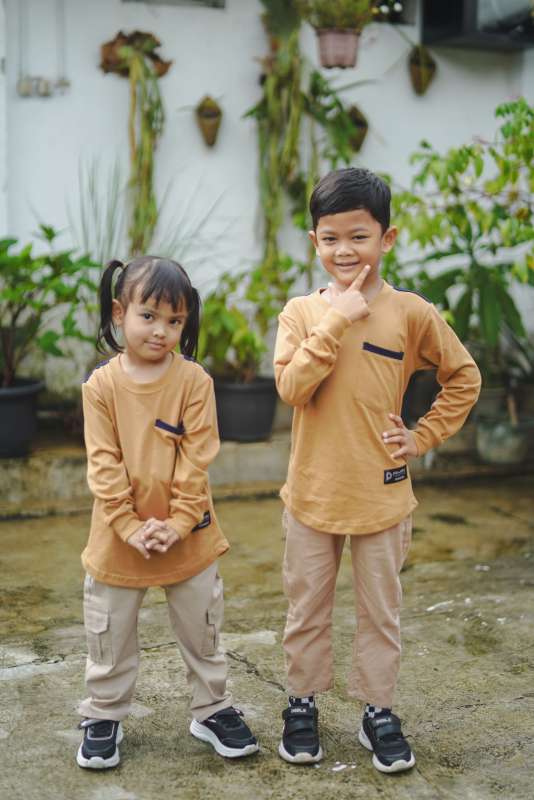 Kaos Kurta Anak Premium 100% Cotton Combed 20s Muslim Koko Longlseeve Rib Coklat Almond Navy Peweka