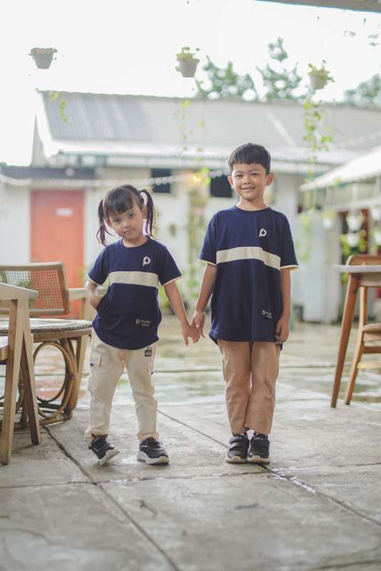 Kaos Kurta Anak Cewek Cowok Premium 100% Katun Cotton Combed 20s Muslim Koko Navy Cream Peweka